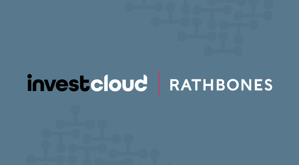 InvestCloud and Rathbones logos on slate bluebackground